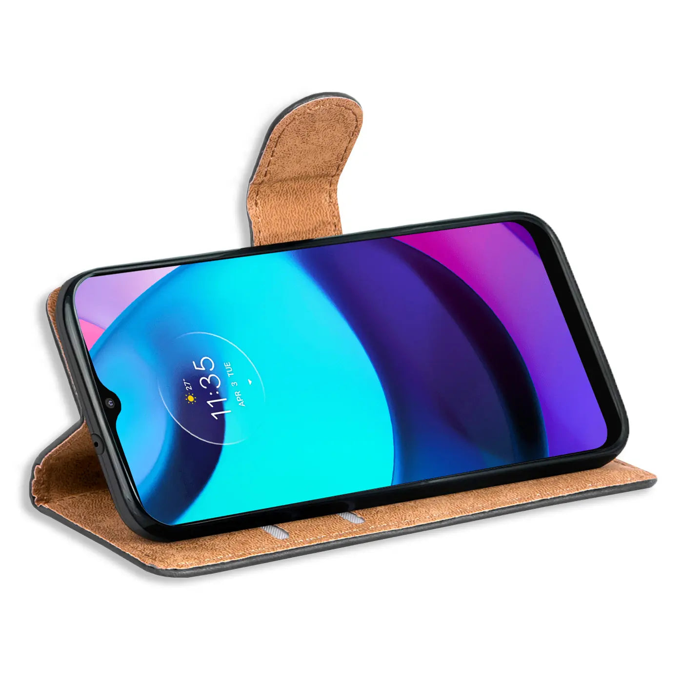 Braune Kunstleder-Klapphülle mit Kartenfächern, zeigt Motorola E20/30/40 von vorne.