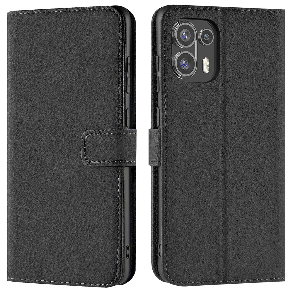 Schwarze Leder-Klapphülle mit Kartenfächern, Vorder- und Rückansicht, für Motorola Edge 20 Lite.