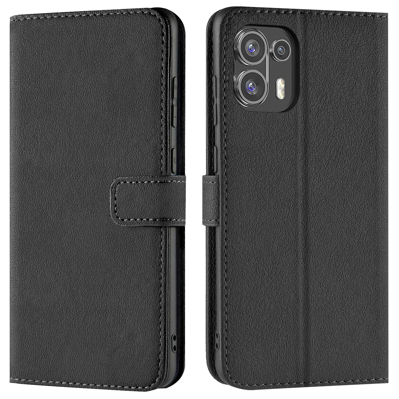 Schwarze Leder-Klapphülle mit Kartenfächern, Vorder- und Rückansicht, für Motorola Edge 20 Lite.
