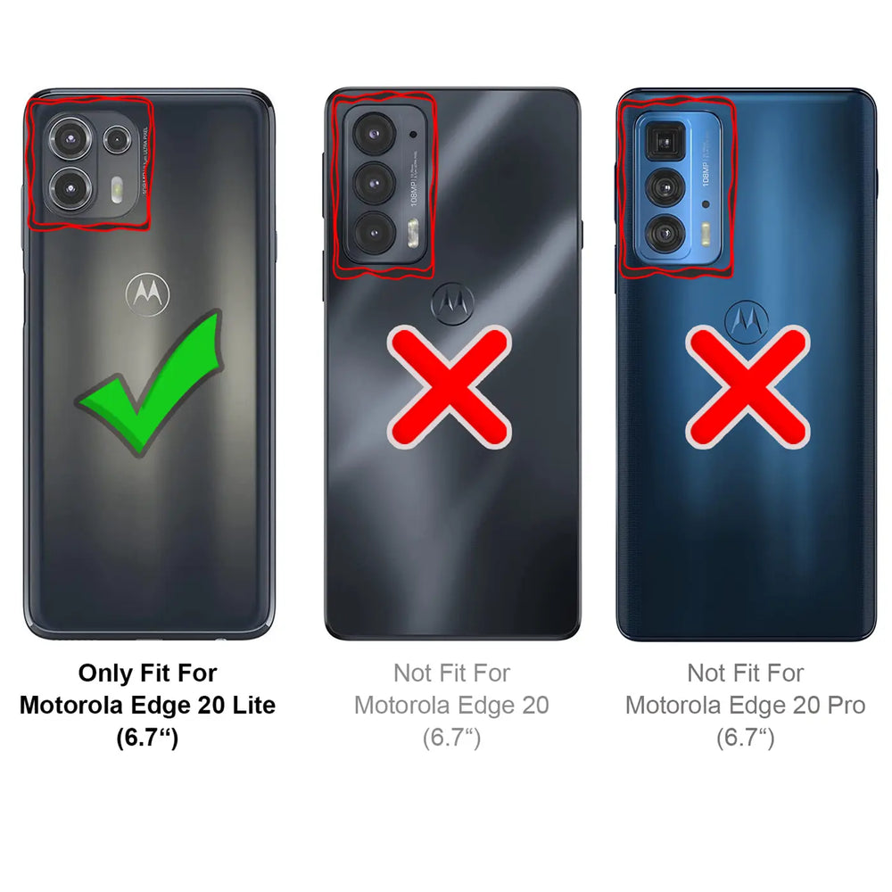 Rückseite Motorola Edge 20 Lite, grün Haken, drei Handys mit roten Kreuzen.