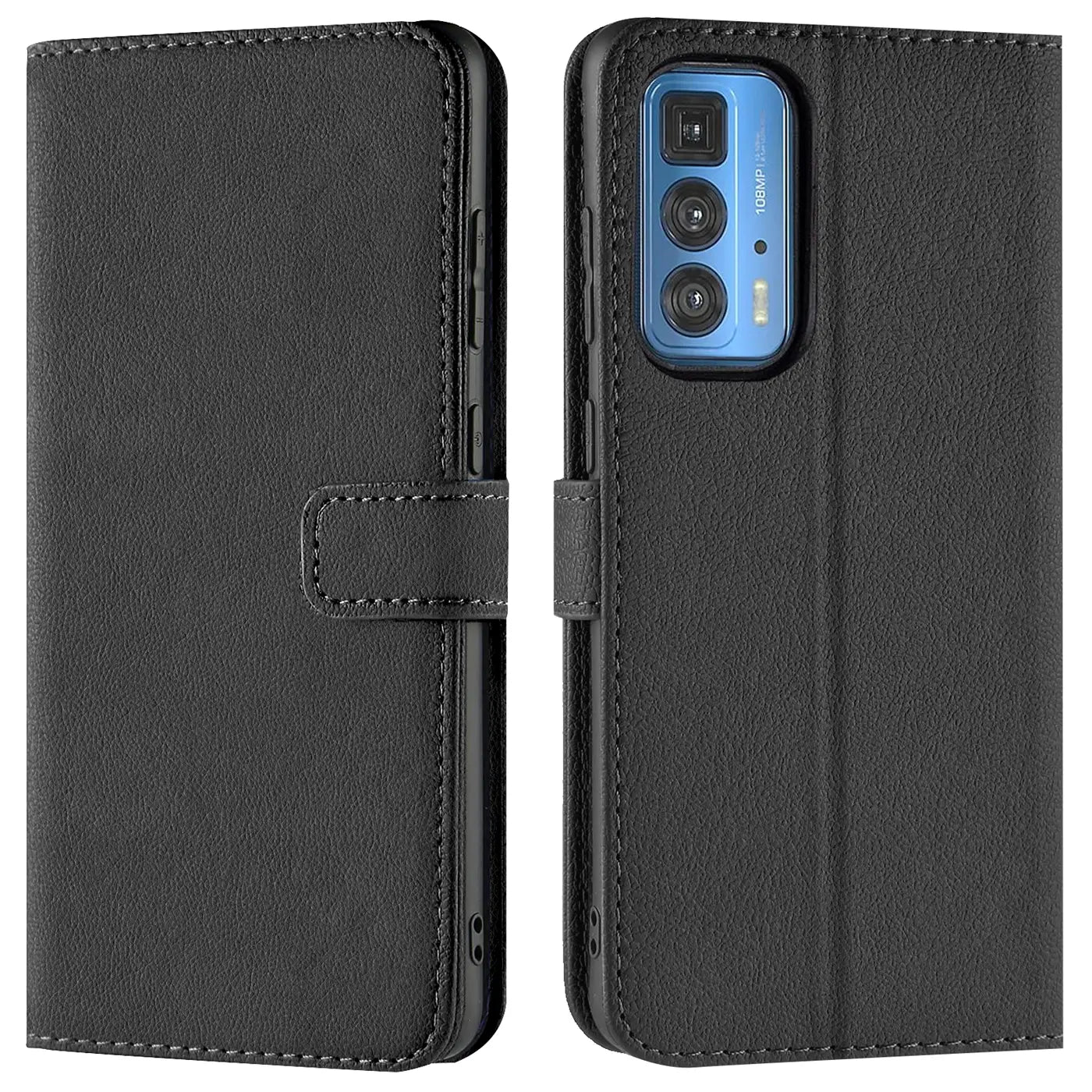 Schwarze Leder-Klapphülle mit Kartenfächern, zeigt Motorola Edge 20 Pro von vorne und hinten.