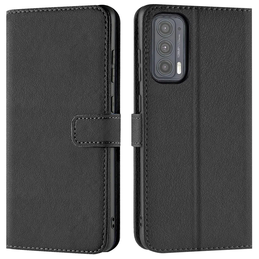 Schwarze Leder-Klapphülle mit Kartenfächern, Vorder- und Rückansicht, Motorola Edge 20.