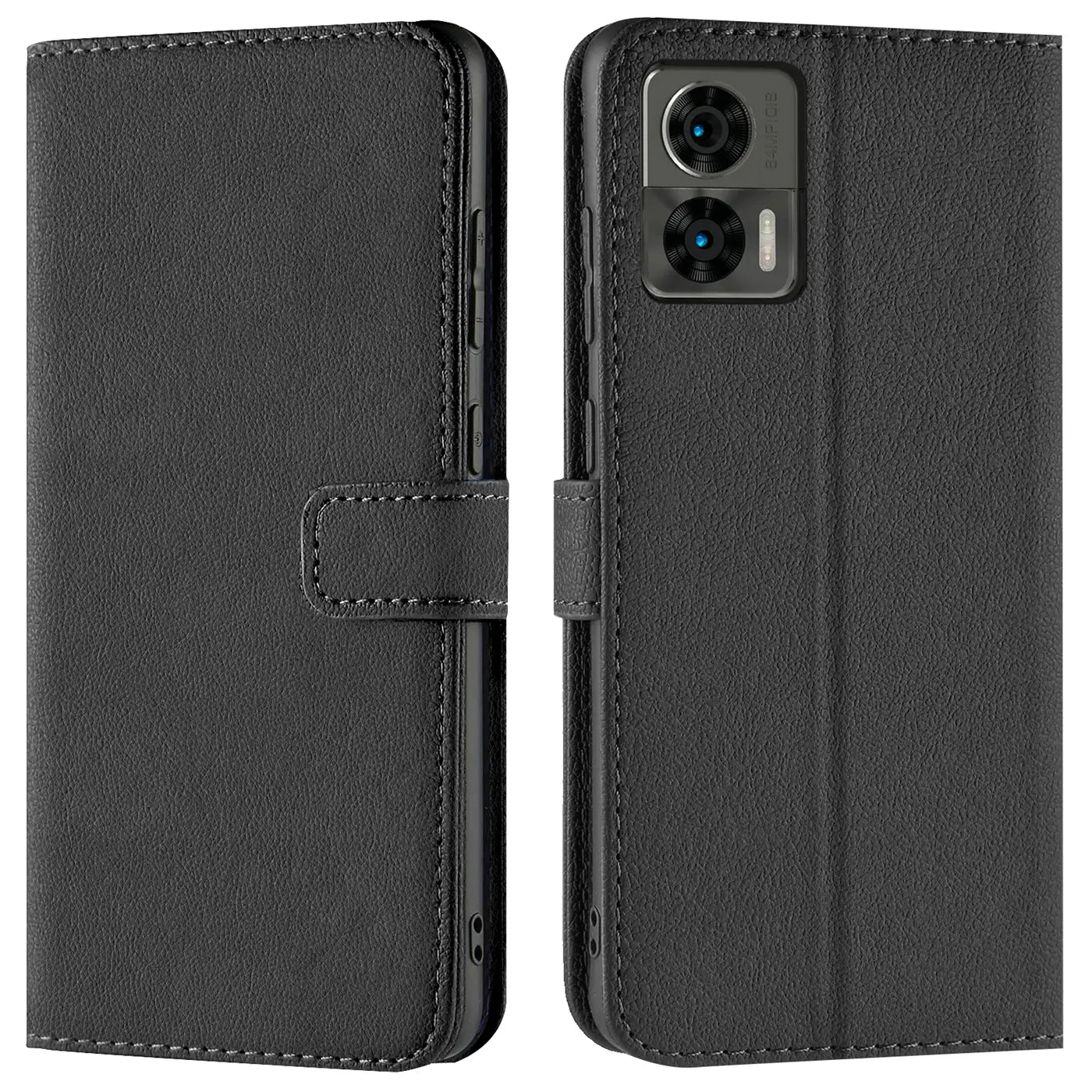 Schwarze Leder-Klapphülle mit Kartenfächern, Vorder- und Rückansicht, Motorola Edge 30 Neo.