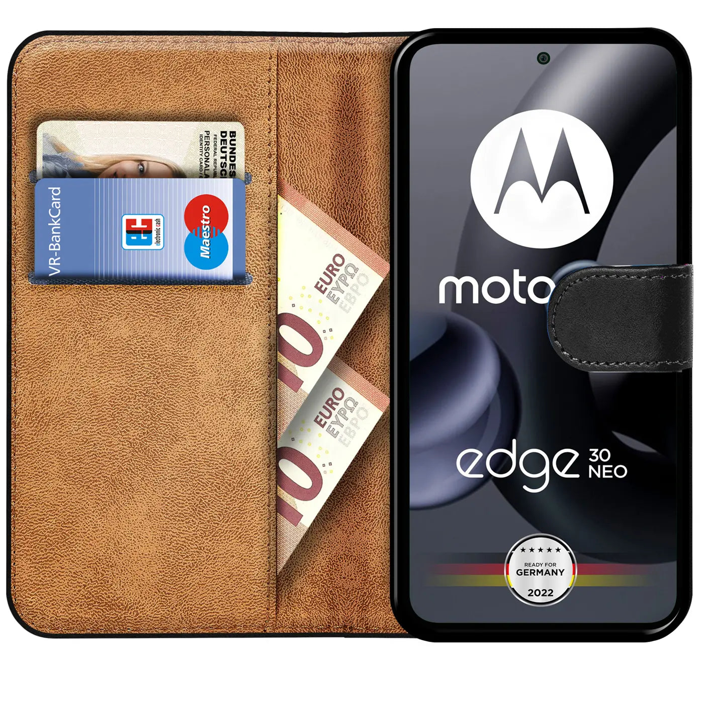 Braune Kunstleder-Klapphülle mit Kartenfächern und Geldscheinfach, zeigt Motorola Edge 30 Neo.