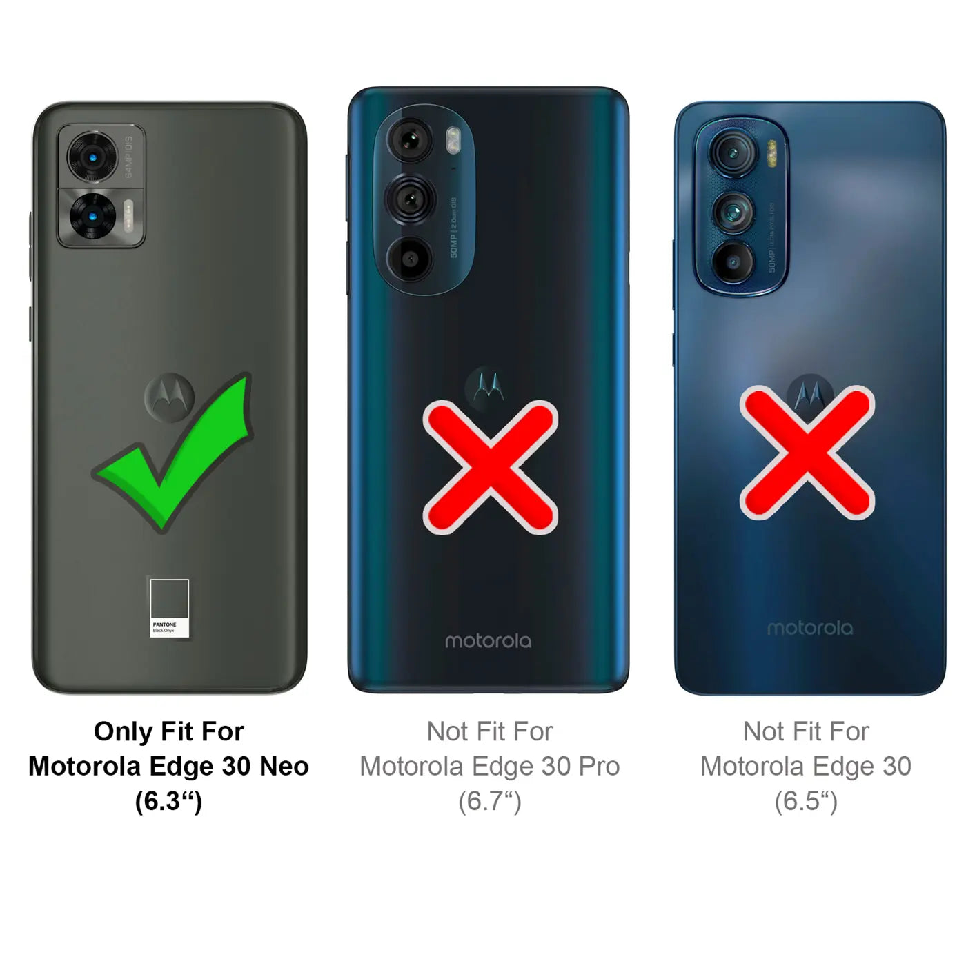 Drei Motorola-Smartphones, Rückansicht. Links: Motorola Edge 30 Neo mit Häkchen. Mitte/Rechts: Nicht passend.