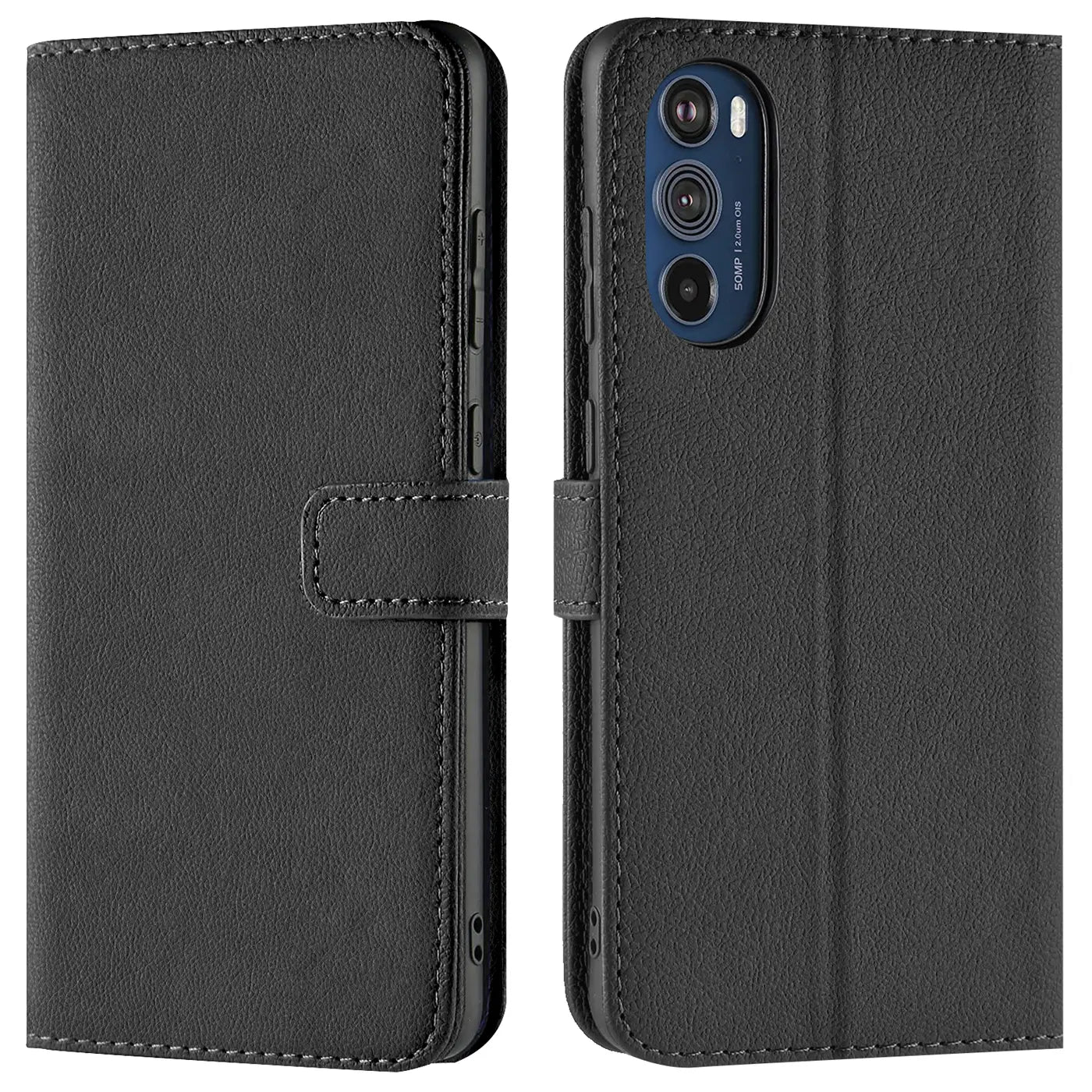 Schwarze Leder-Klapphülle mit Kartenfächern, Vorder- und Rückansicht, Motorola Edge 30 Pro
