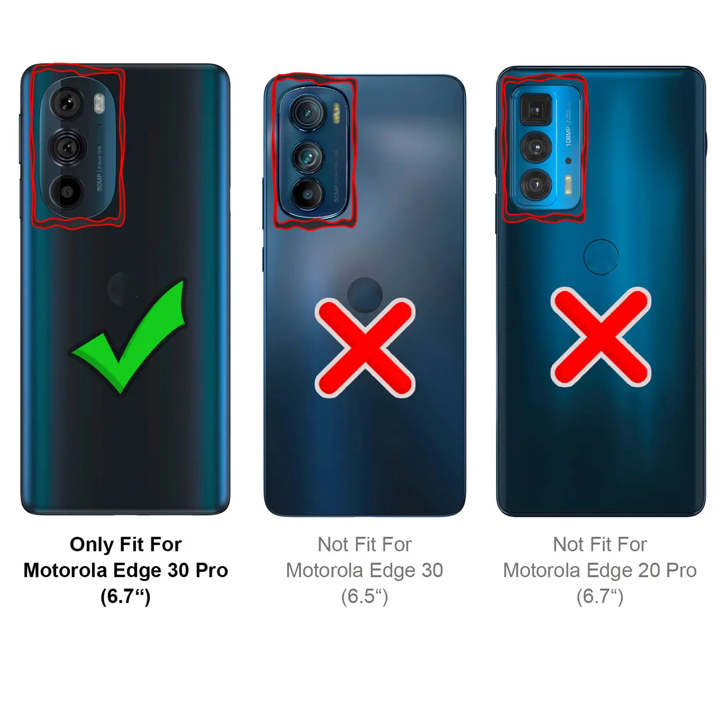 Drei Motorola Handys (Edge 30 Pro, Edge 30, Edge 20 Pro) mit Kamera-Ausschnitt-Vergleich.