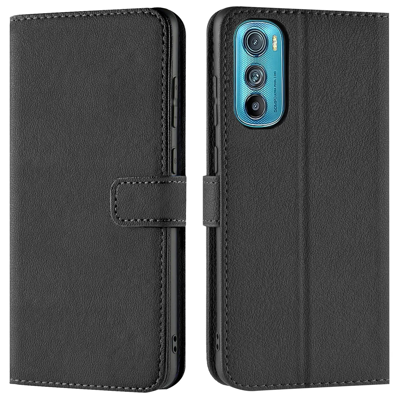 Schwarze Leder-Klapphülle mit Kartenfächern, zeigt Motorola Edge 30 von vorne und hinten.