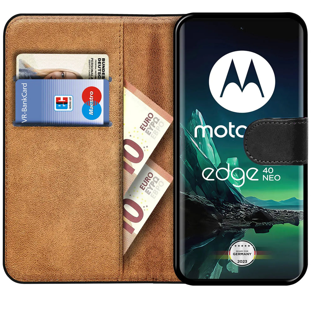 Motorola Edge 40 Neo Klapphülle in Schwarz mit Kartenfächern und Schutz