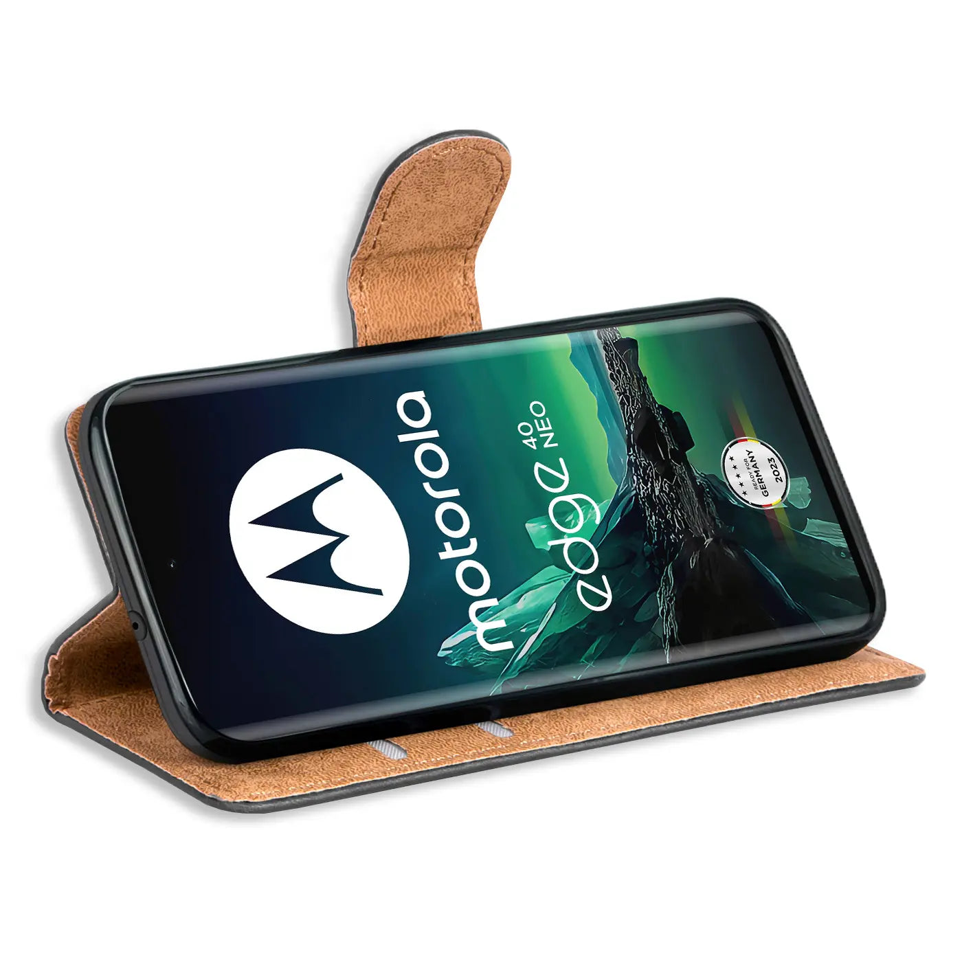 Braun Kunstleder Klapphülle mit Kartenfächern, Motorola Edge 40 Neo, von vorne