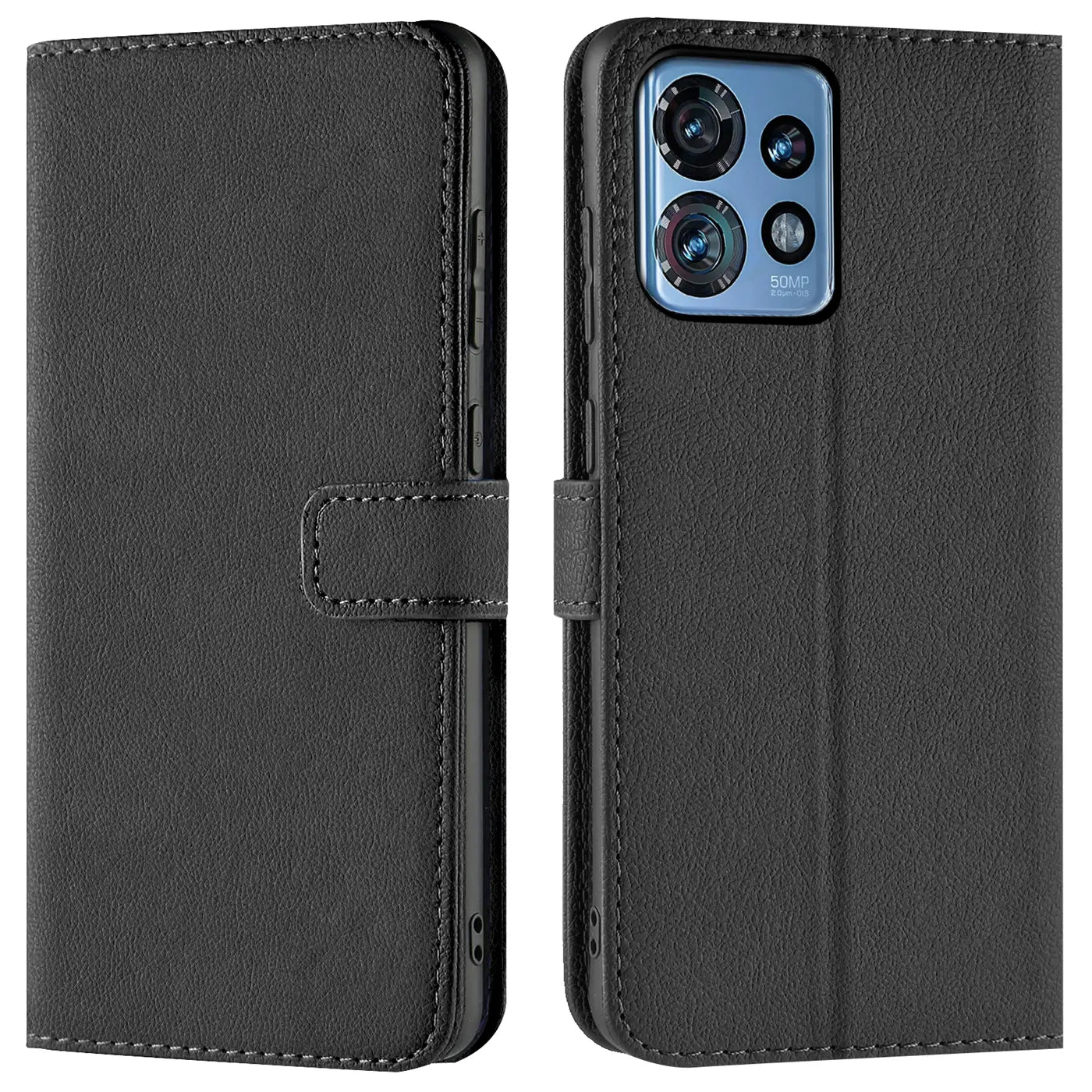Schwarze Leder-Klapphülle mit Kartenfächern, Vorder- und Rückansicht, zeigt Motorola Edge 40 Pro.