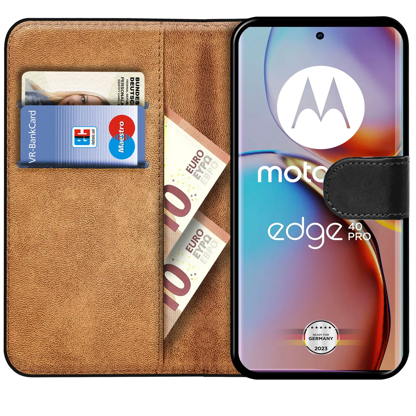 Braune Leder-Klapphülle mit Kartenfächern und Motorola Edge 40 Pro.