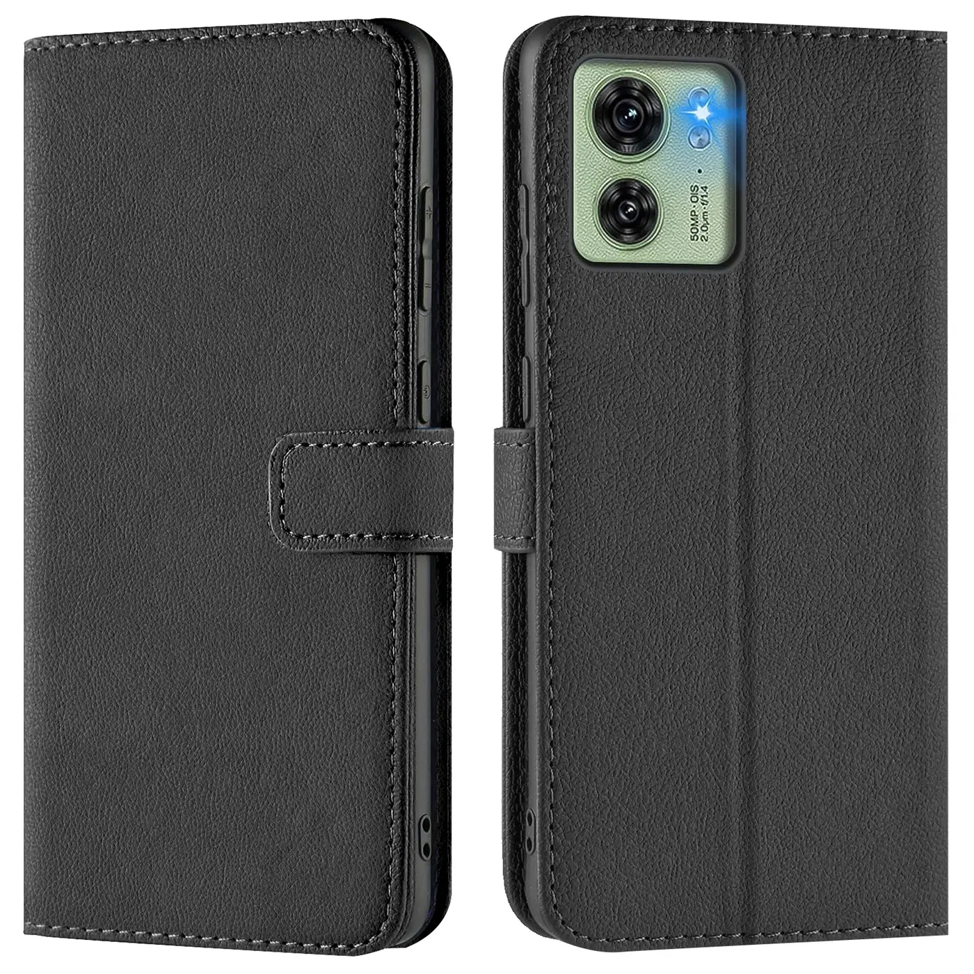Schwarze Leder-Klapphülle mit Kartenfächern, zeigt Motorola Edge 40 Rückseite