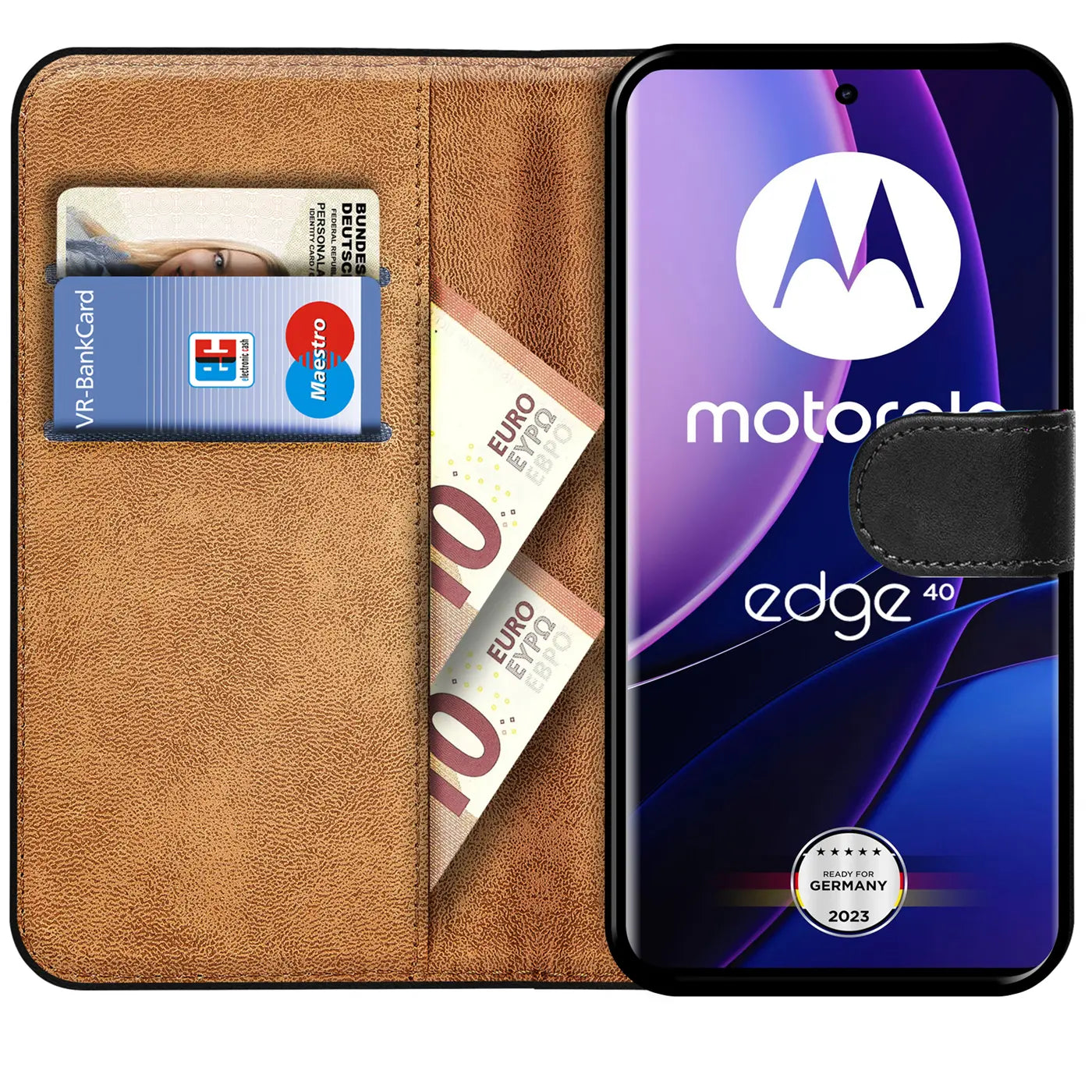 Braune Leder-Klapphülle mit Kartenfächern und Motorola Edge 40.