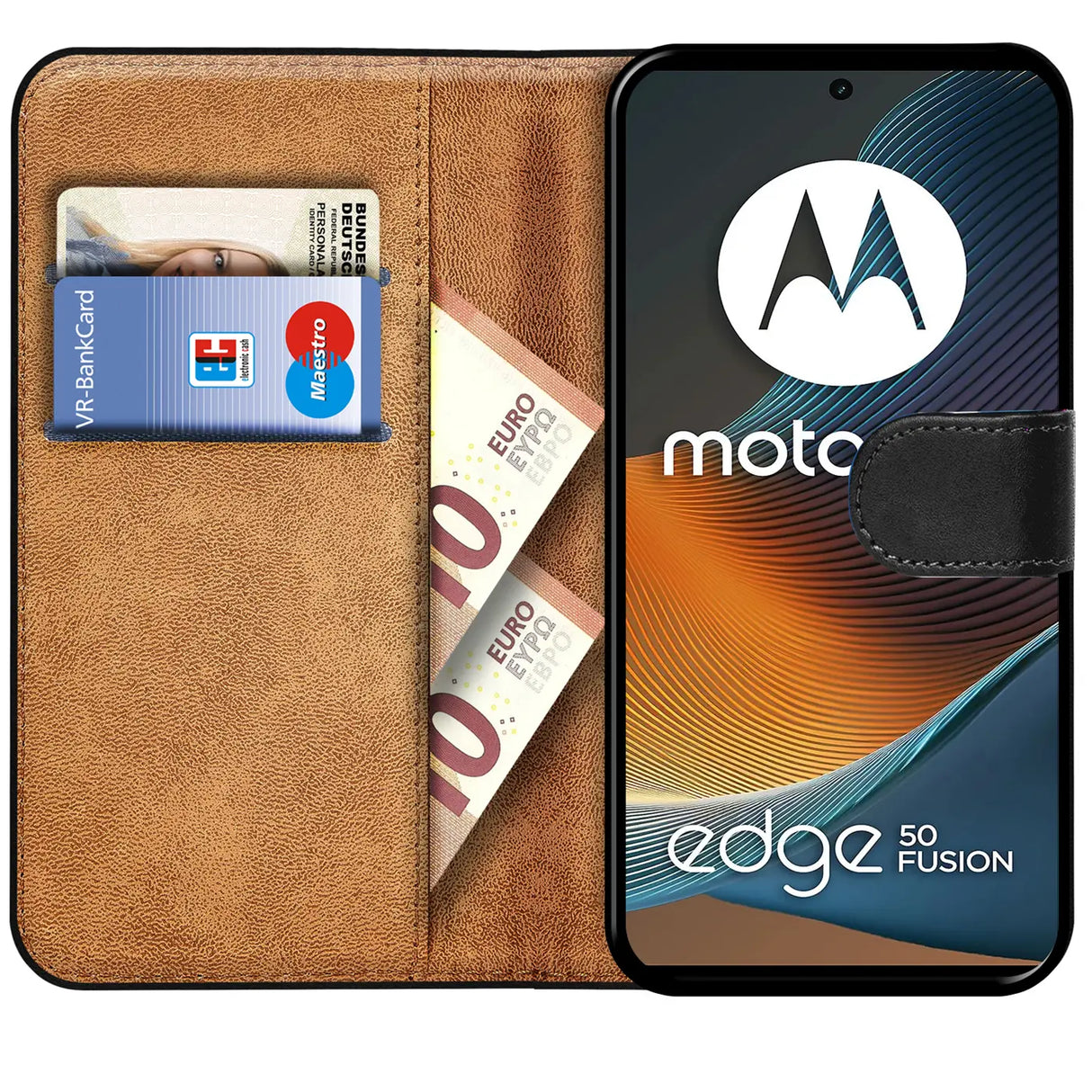 Motorola Edge 50 Fusion Klapphülle in Schwarz mit Kartenfächern und Schutz