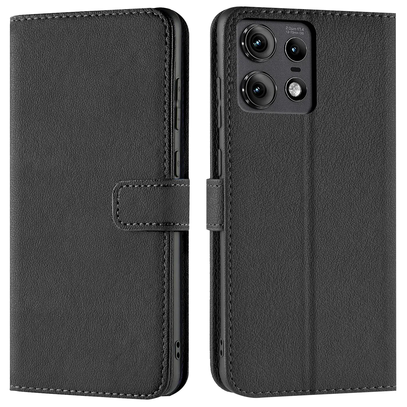Schwarze Leder-Klapphülle mit Kartenfächern für Motorola Edge 50 Pro, Vorder- und Rückansicht.