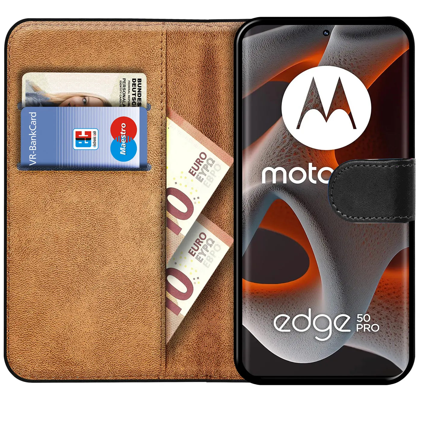 Braune Lederhülle mit Kartenfächern und Geldscheinen, Motorola Edge 50 Pro.