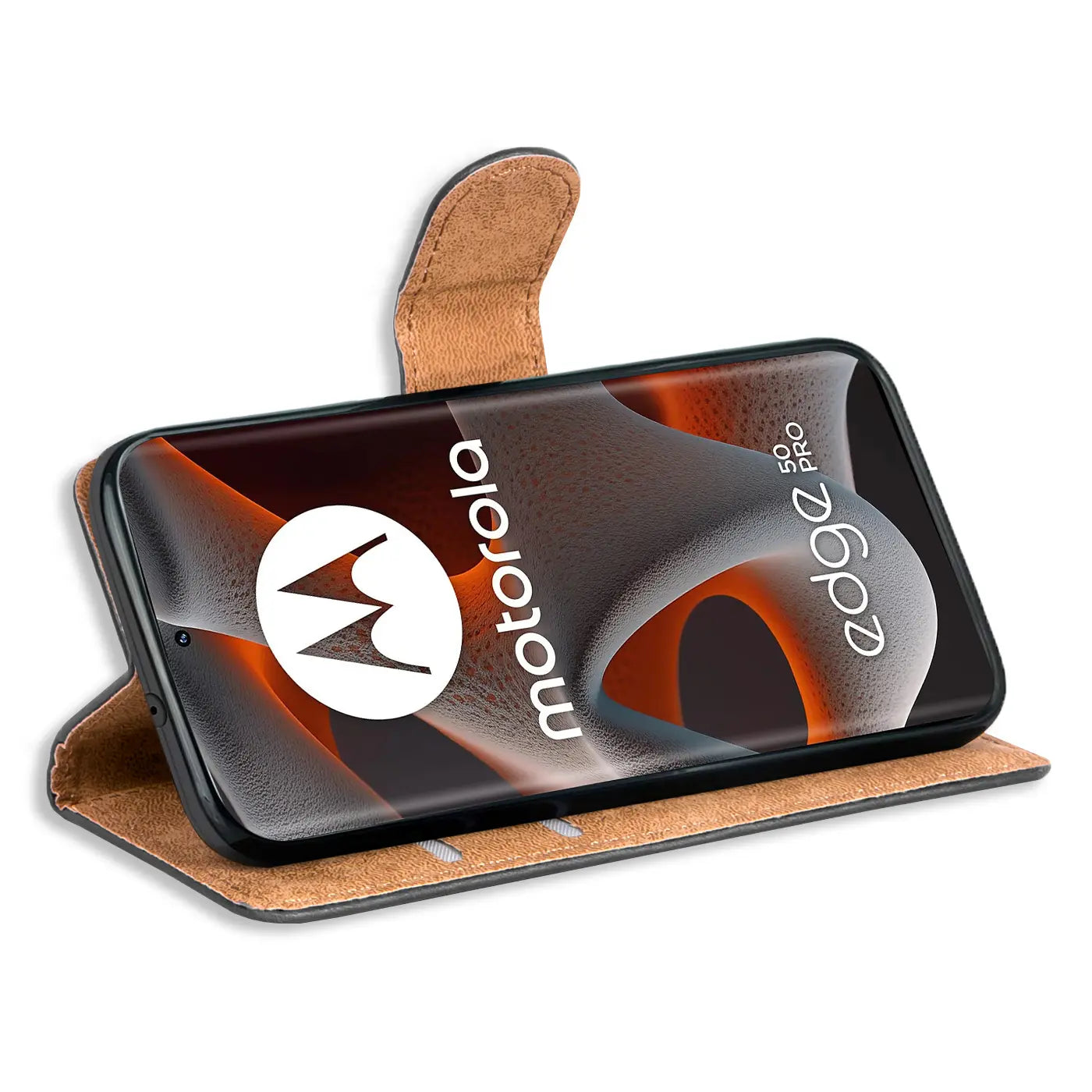 Braune Leder-Klapphülle mit Kartenfächern, zeigt Motorola Edge 50 Pro.