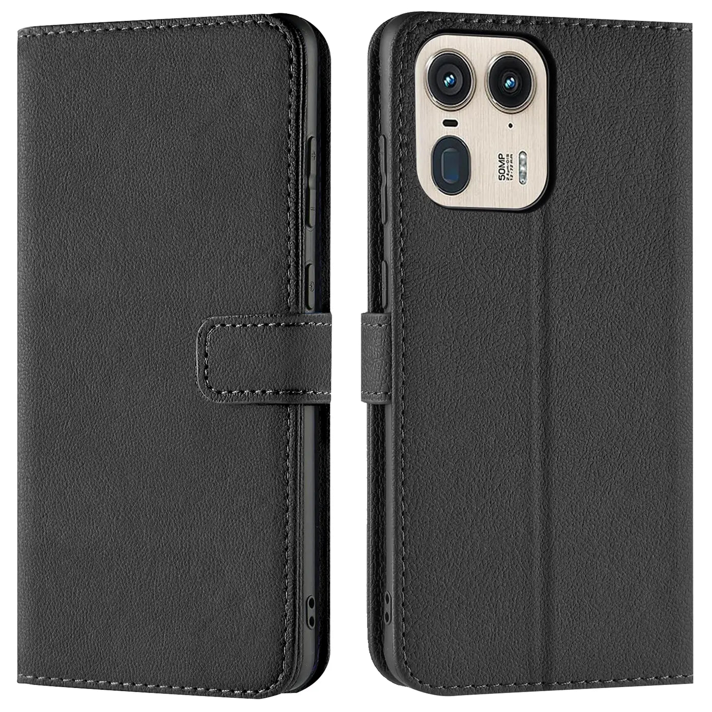 Schwarze Leder-Klapphülle mit Kartenfächern, Vorder- und Rückansicht, Motorola Edge 50 Ultra.