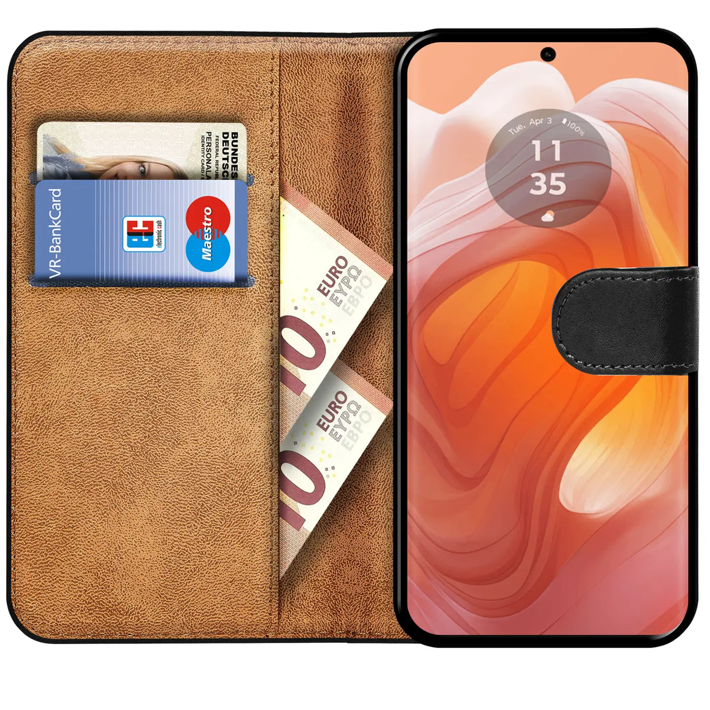 Braune Kunstleder-Klapphülle mit Kartenfächern und Motorola Edge 50 Ultra.
