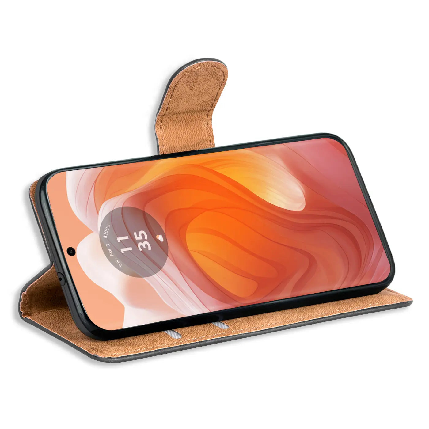 Braune Leder-Klapphülle mit Kartenfächern, zeigt Motorola Edge 50 Ultra.
