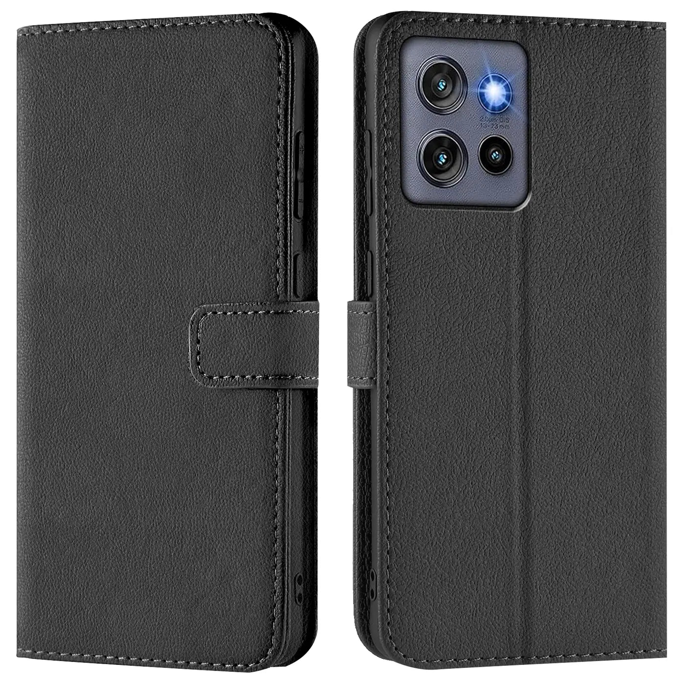 Schwarze Leder-Klapphülle mit Kartenfächern, Vorder- und Rückansicht, Motorola Edge 60 Neo.
