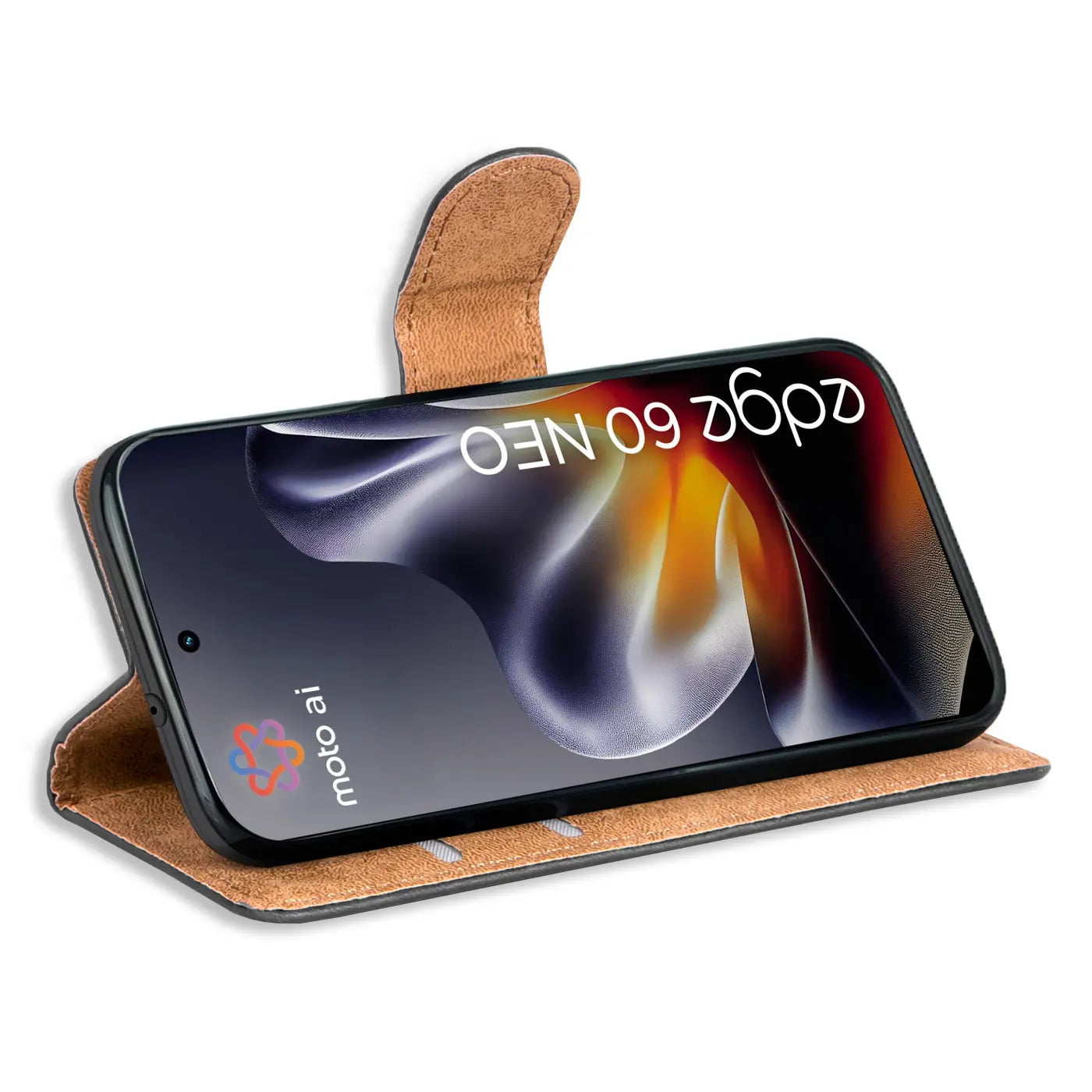 Braune Leder-Klapphülle mit Kartenfächern, zeigt Motorola Edge 60 Neo.