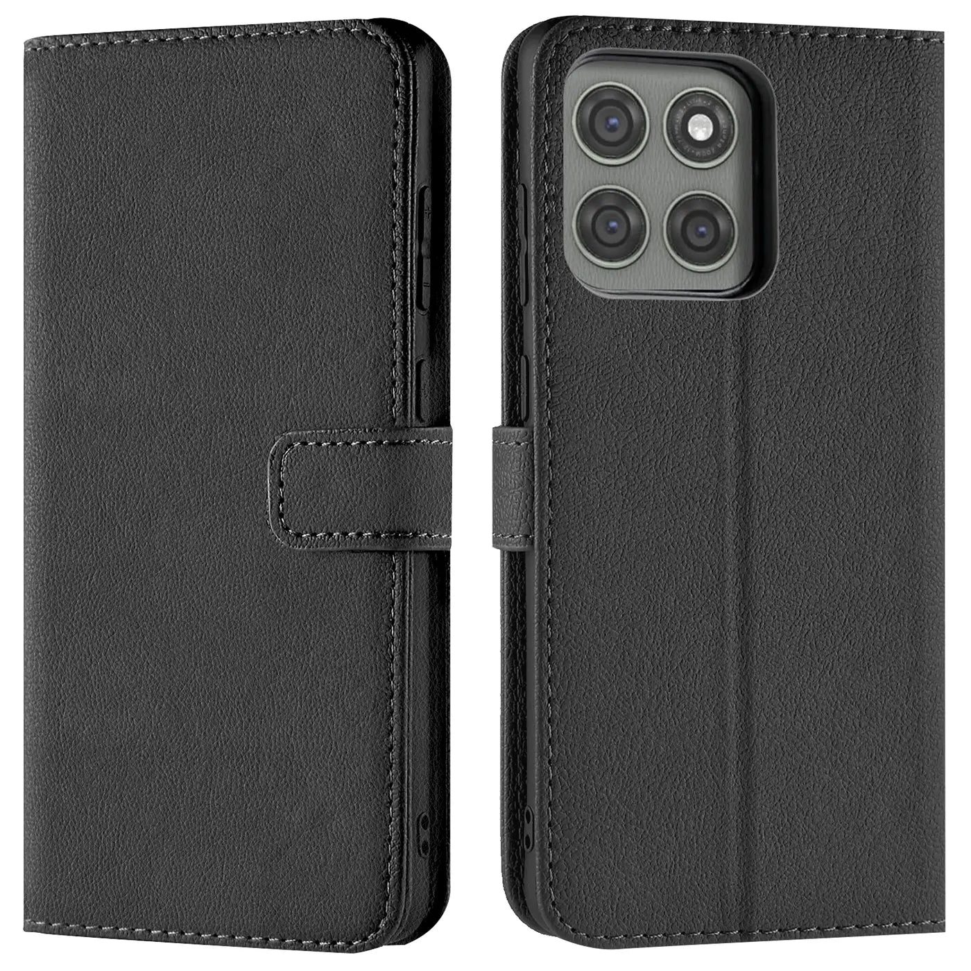 Schwarze Leder-Klapphülle mit Kartenfächern für Motorola Edge 60 Pro, Vorder- und Rückansicht.