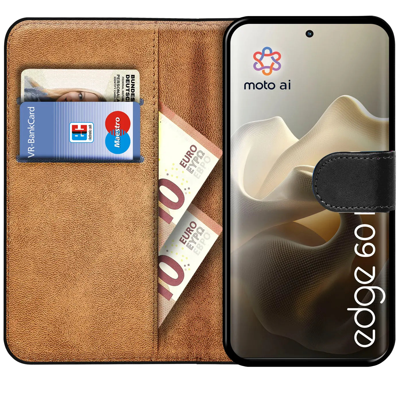 Braune Leder-Klapphülle mit Kartenfächern und Motorola Edge 60 Pro.