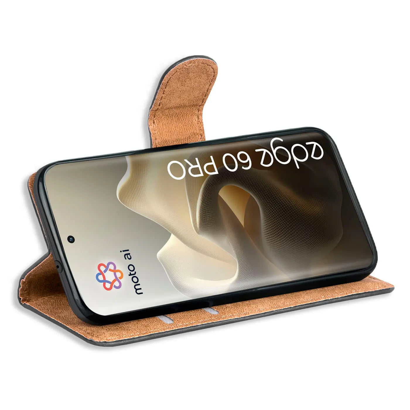 Braune Leder-Klapphülle mit Kartenfächern für Motorola Edge 60 Pro, von vorne schräg gezeigt.