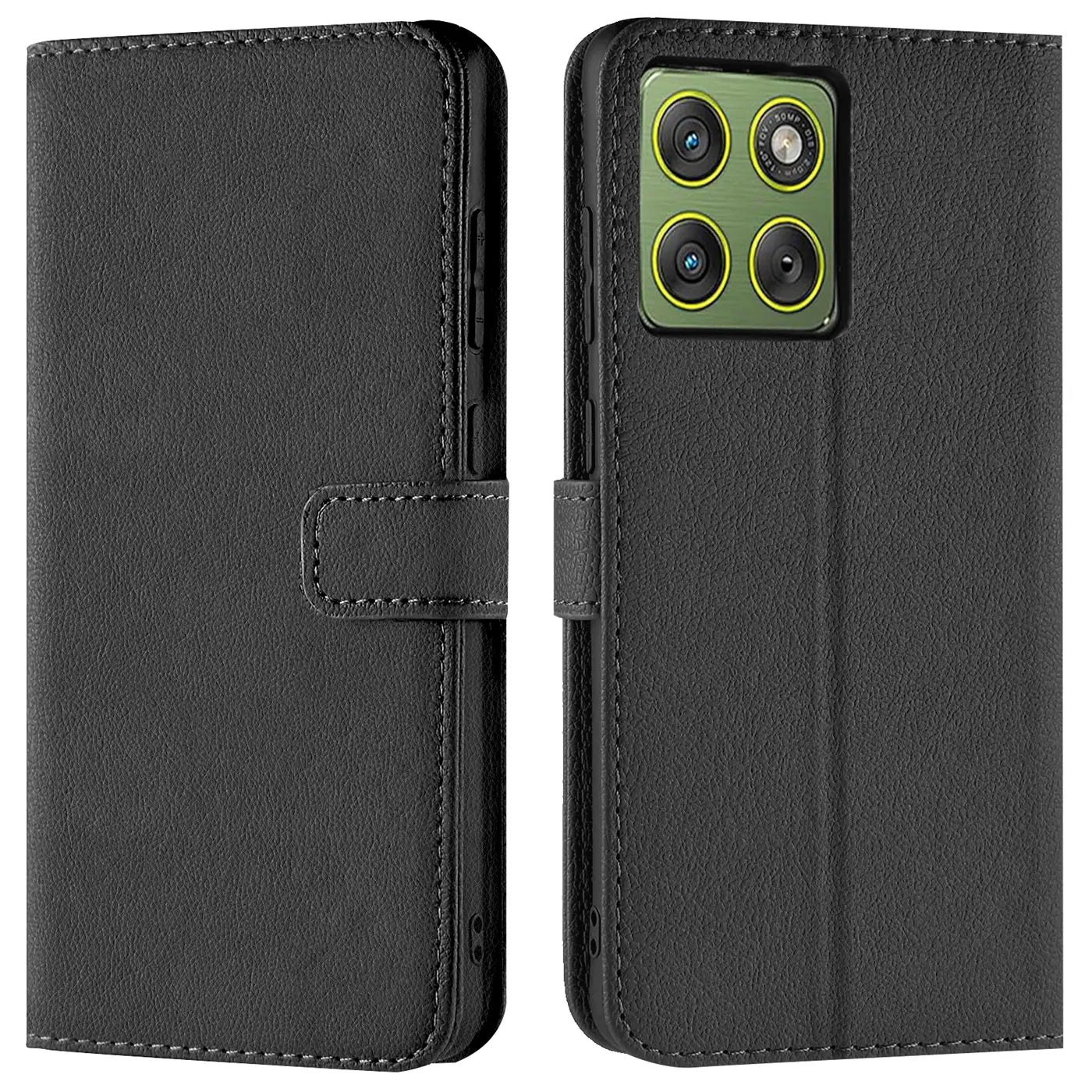 Schwarze Leder-Klapphülle mit Kartenfächern, Vorder- und Rückansicht, zeigt Motorola Edge 70