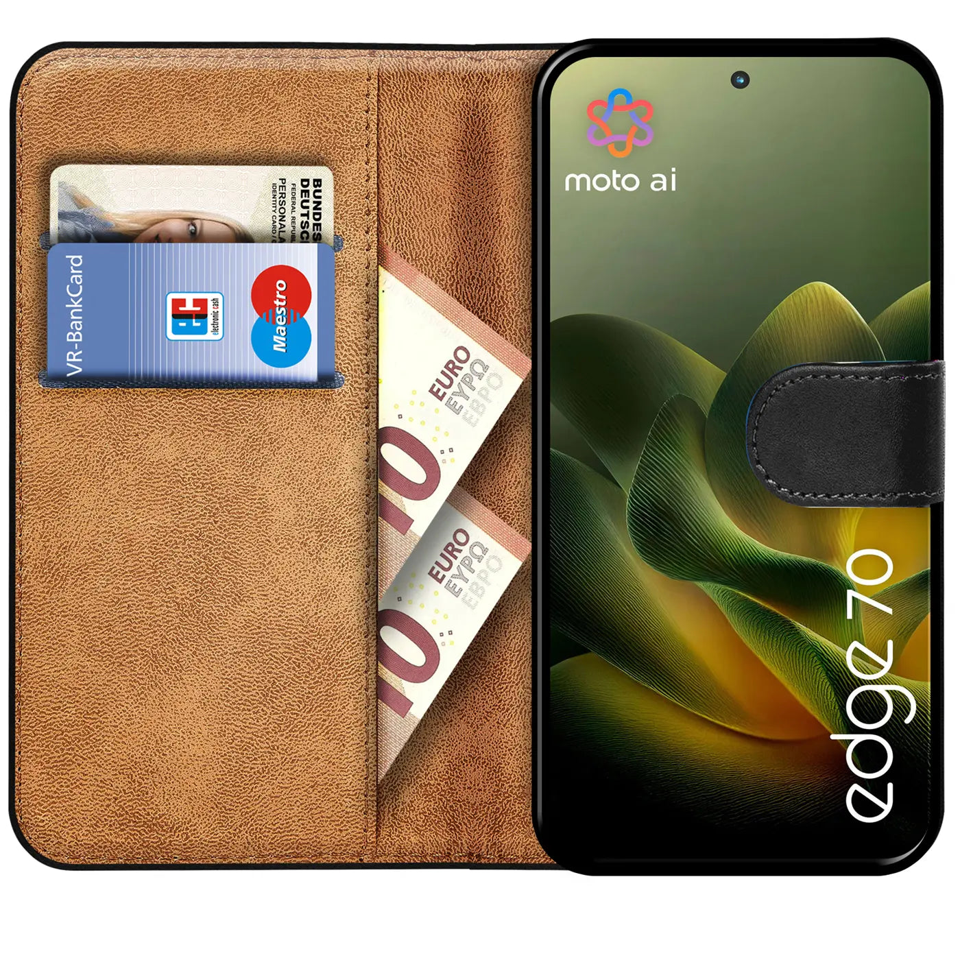 Braune Leder-Klapphülle mit Kartenfächern und Motorola Edge 70.