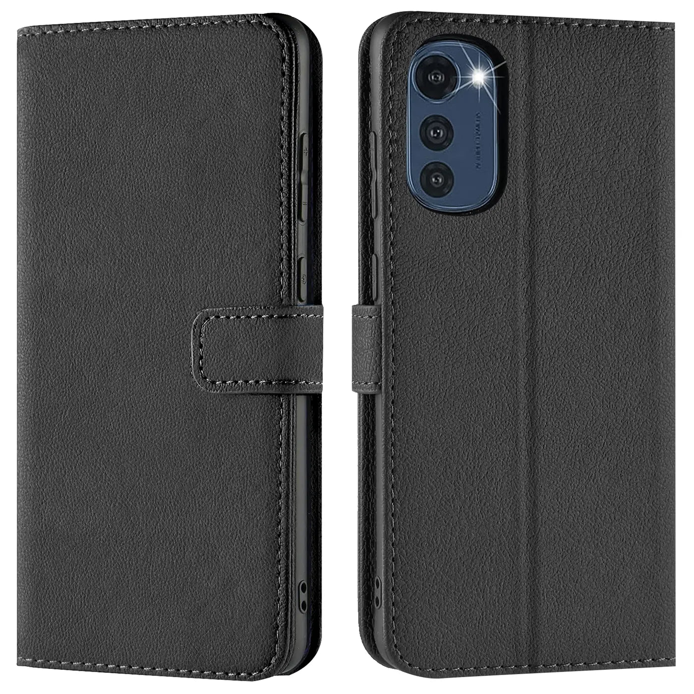 Schwarze Leder-Klapphülle mit Kartenfächern, Vorder- und Rückansicht, Motorola Moto E32/E32s erkennbar.