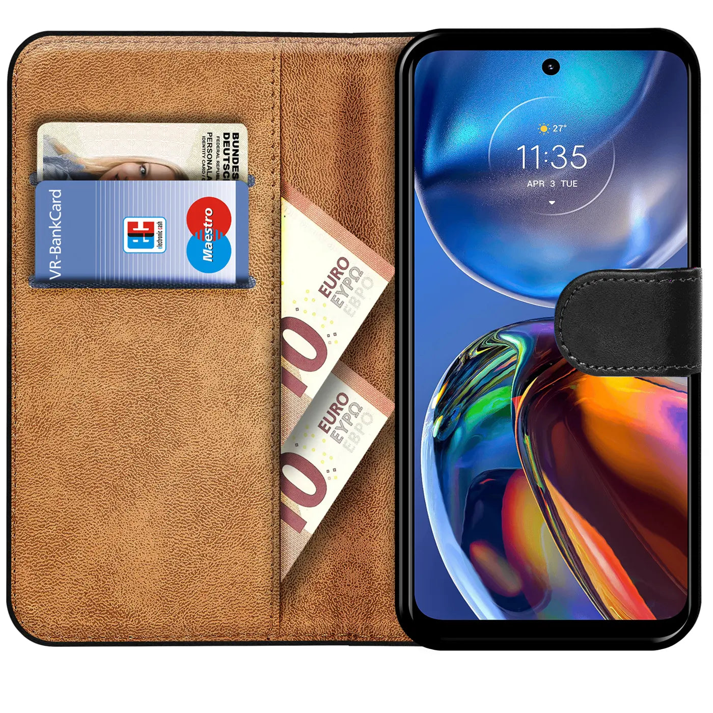 Braune Leder-Klapphülle mit Kartenfächern und Motorola Moto E32/E32s, von vorne.