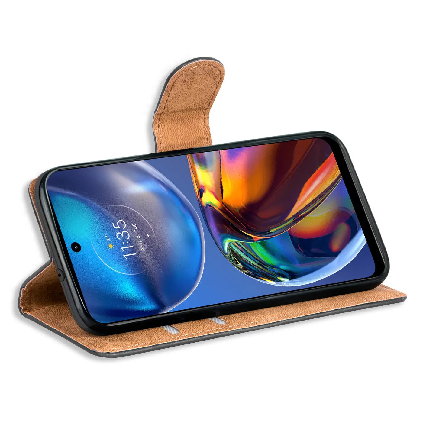 Braun-schwarze Klapphülle aus Leder mit Motorola Moto E32/E32s, Seitenansicht