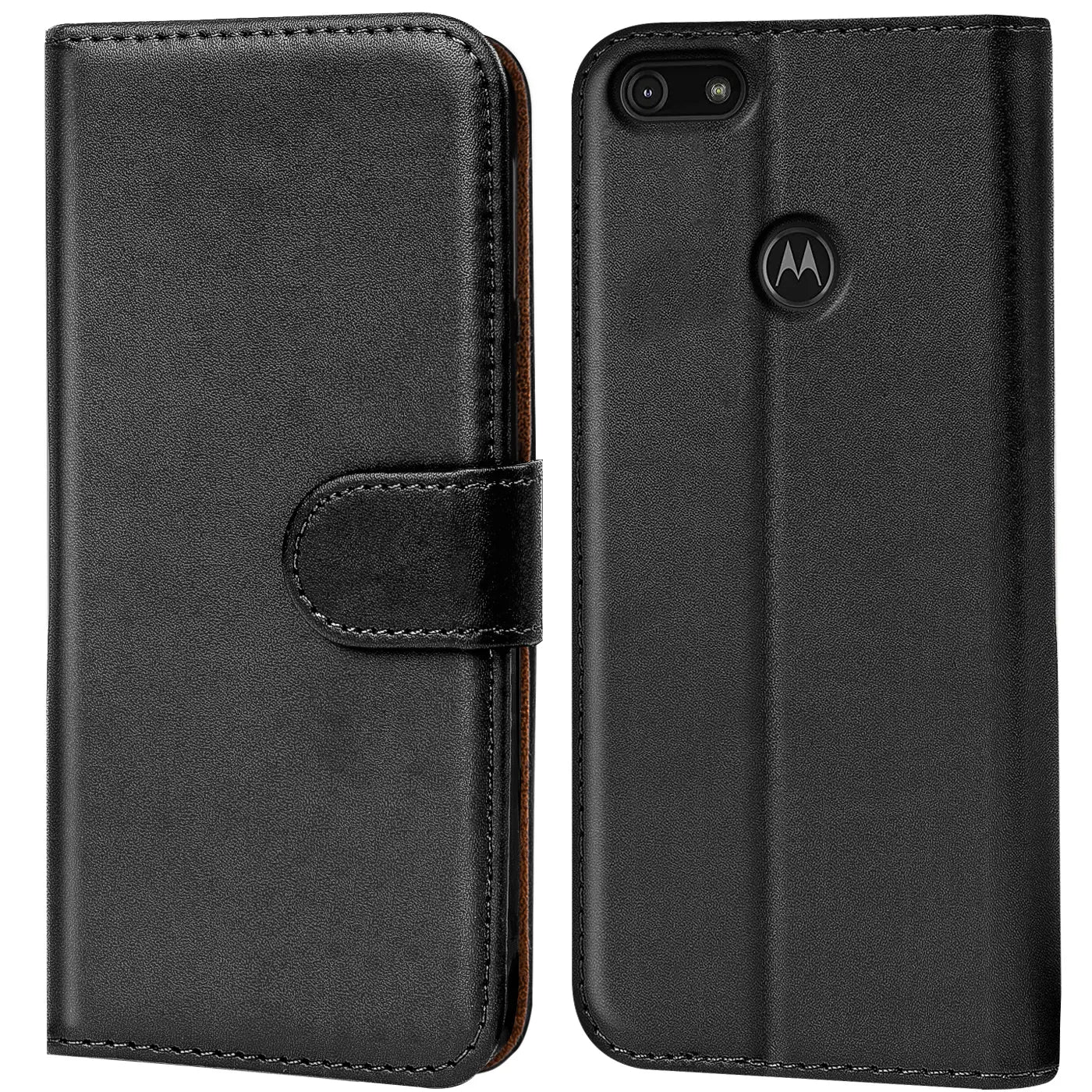 Schwarze Leder-Klapphülle mit Kartenfächern, Vorder- und Rückansicht, für Motorola Moto E6 Play.