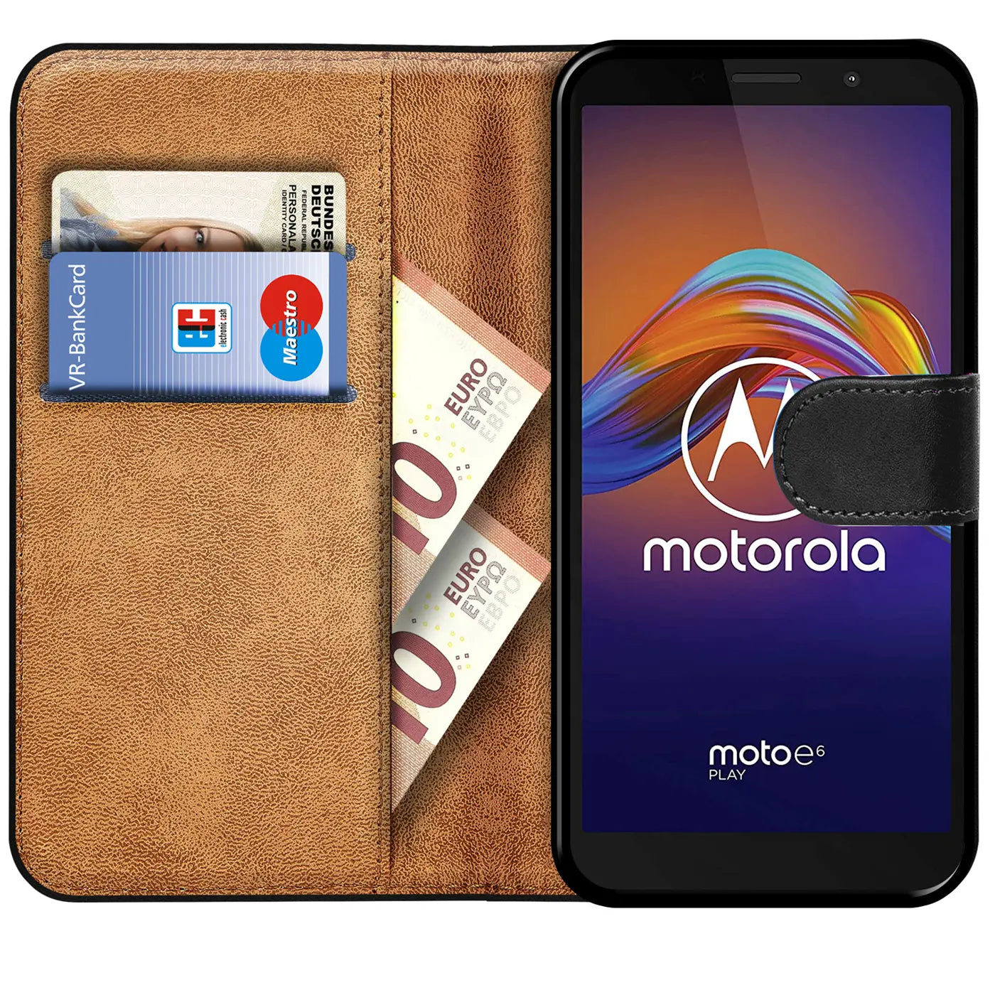 Braune Kunstleder-Klapphülle mit Kartenfächern und Motorola Moto E6 Play, von vorne