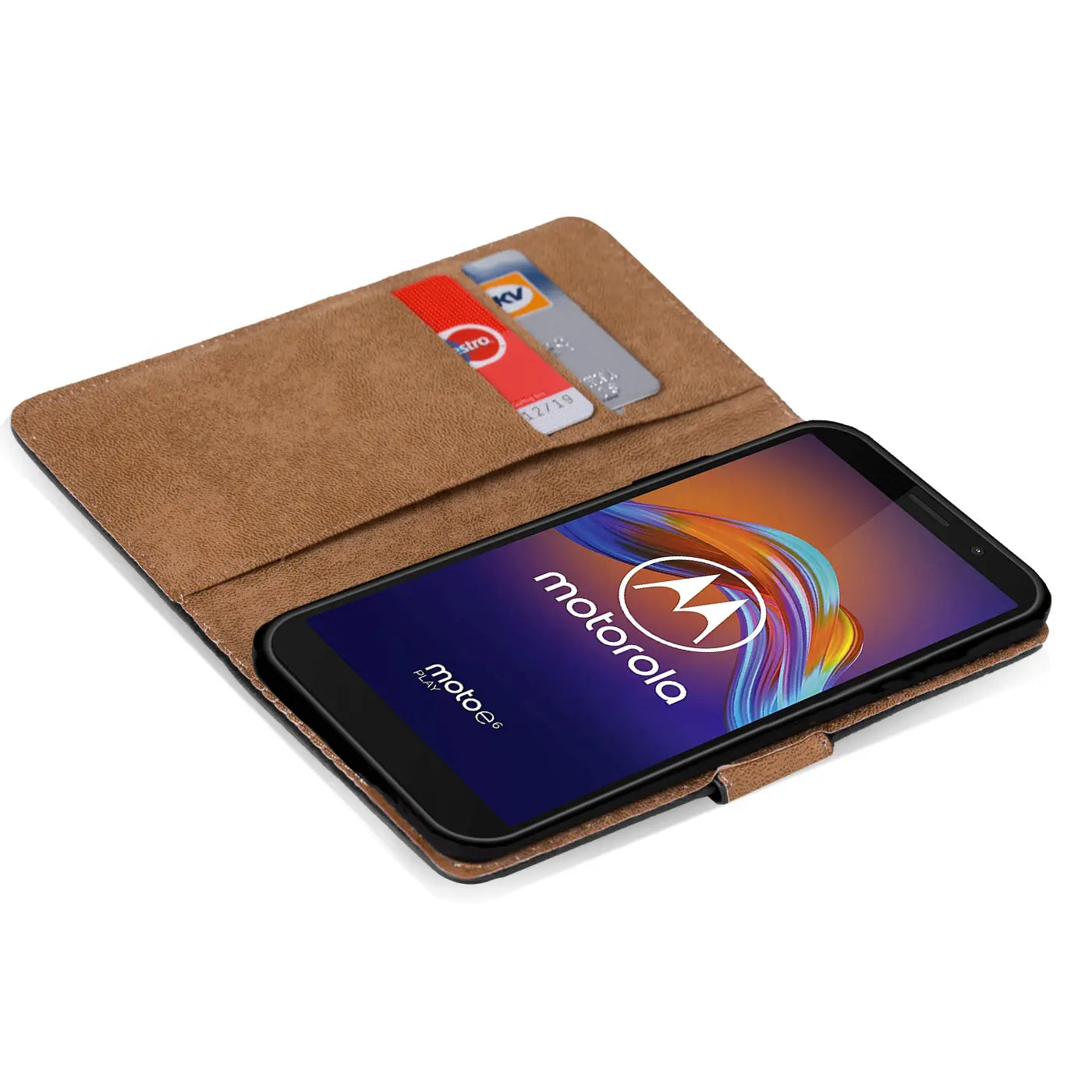 Braune Kunstleder-Klapphülle mit Kartenfächern, zeigt Motorola Moto E6 Play, von oben.