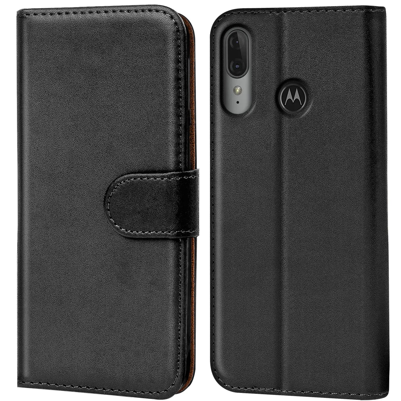 Schwarze Leder-Klapphülle mit Kartenfächern, Vorderansicht, Motorola Moto E6 Plus.