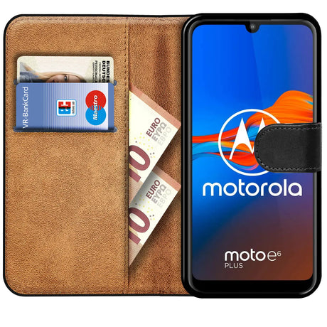 Motorola Moto E6 Plus Klapphülle in Schwarz mit Kartenfächern und Schutz