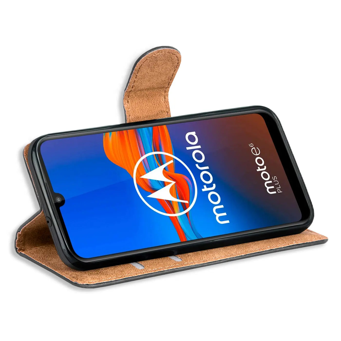 Braune Kunstleder-Klapphülle mit Kartenfächern, zeigt Motorola Moto E6 Plus von vorne.