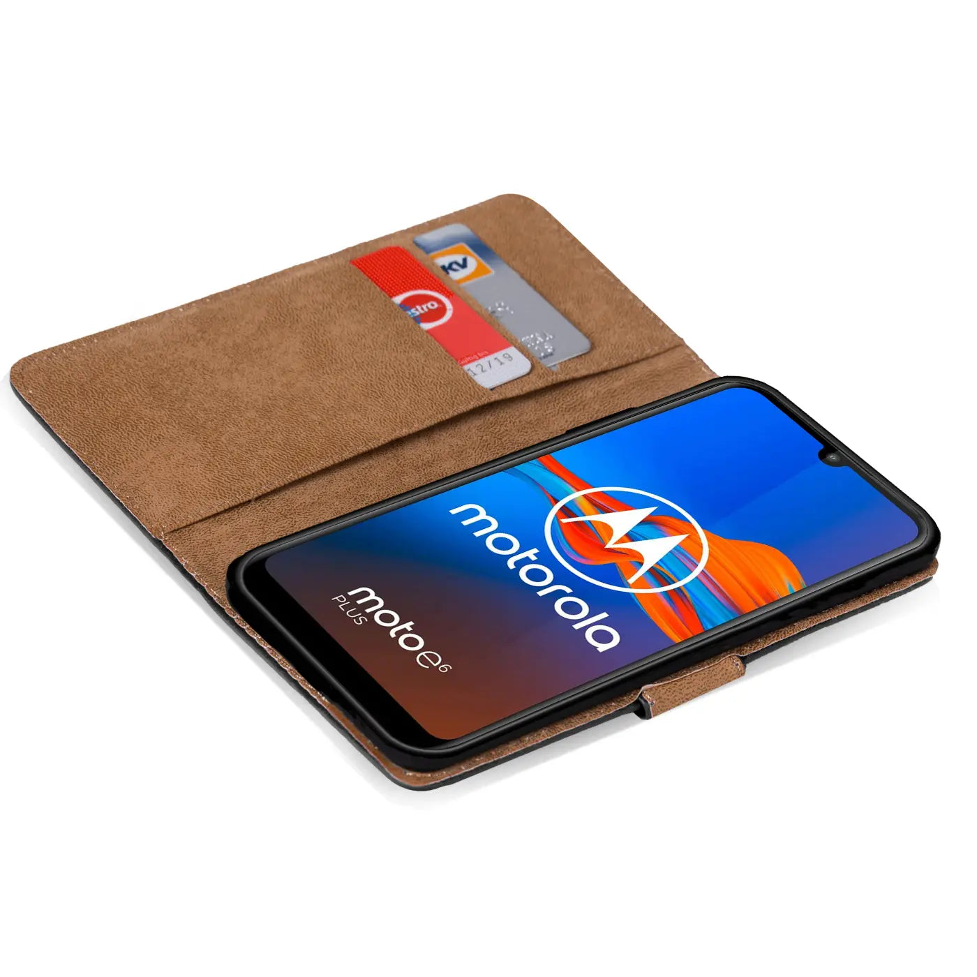 Braune Kunstleder-Klapphülle mit Kartenfächern, zeigt Motorola Moto E6 Plus von oben.