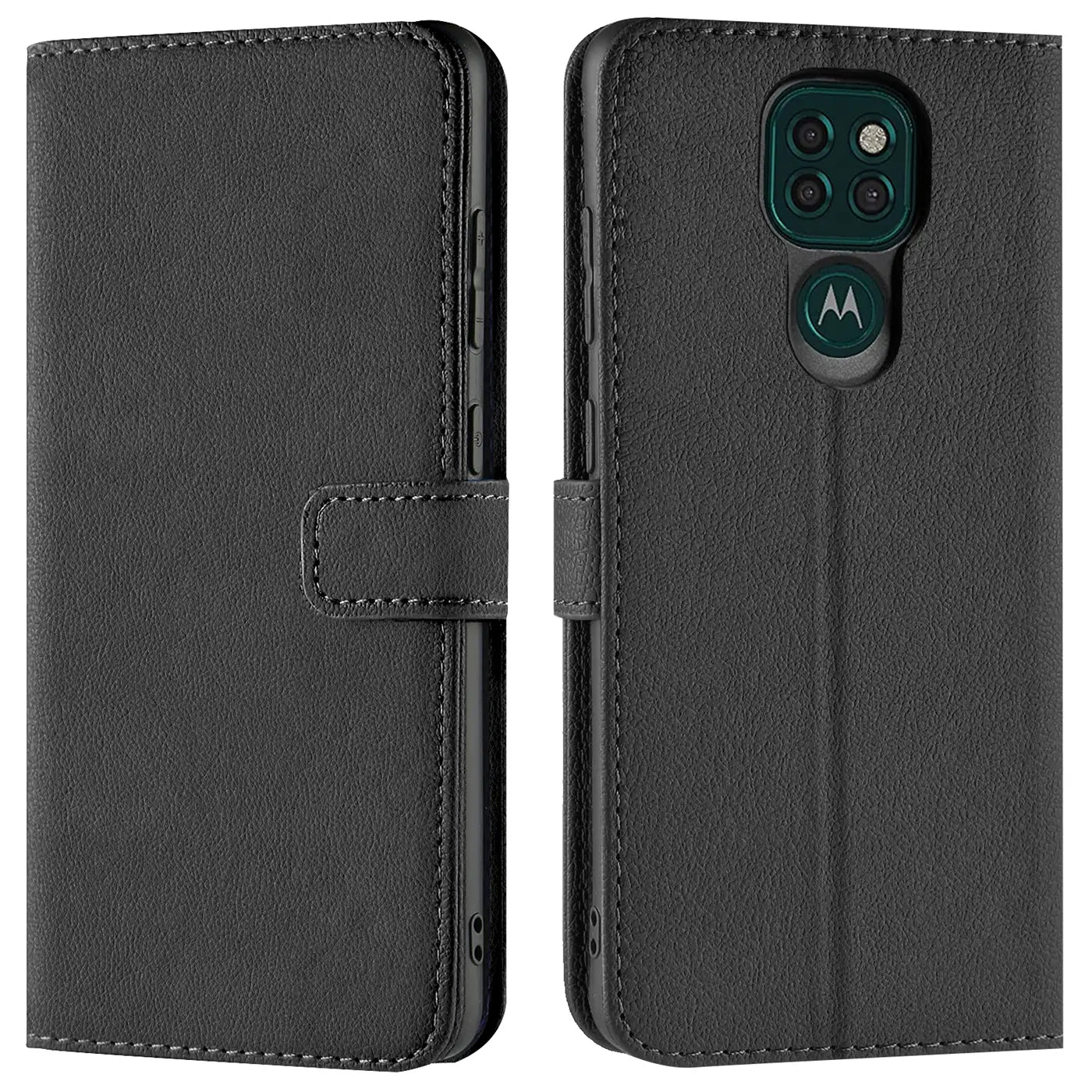 Schwarze Leder-Klapphülle, Vorder- und Rückansicht, für Motorola Moto E7 Plus.