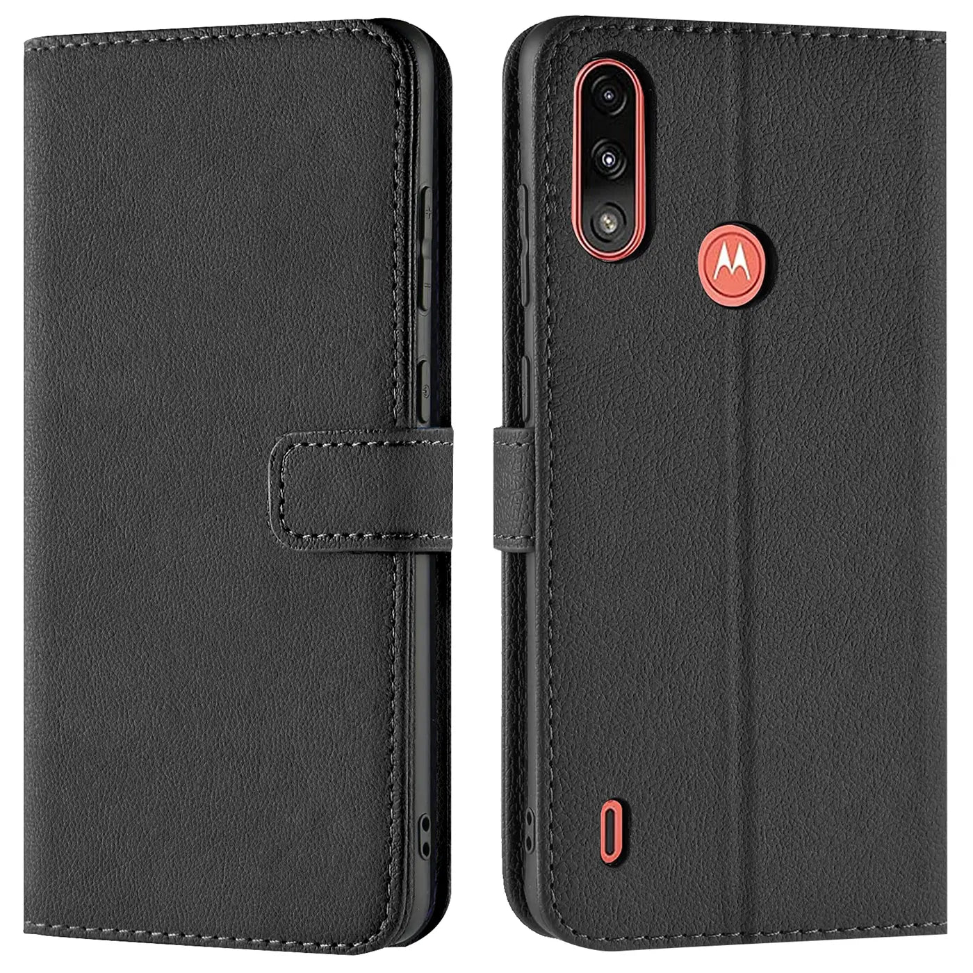 Schwarze Kunstleder Klapphülle mit Kartenfächern, Vorder- und Rückansicht, für Motorola Moto E7 Power.