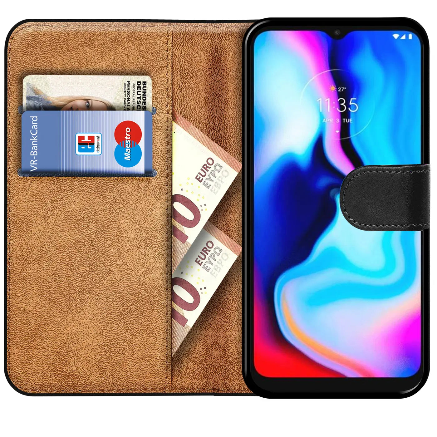 Braune Leder-Klapphülle mit Kartenfächern, zeigt Motorola Moto E7 Power.