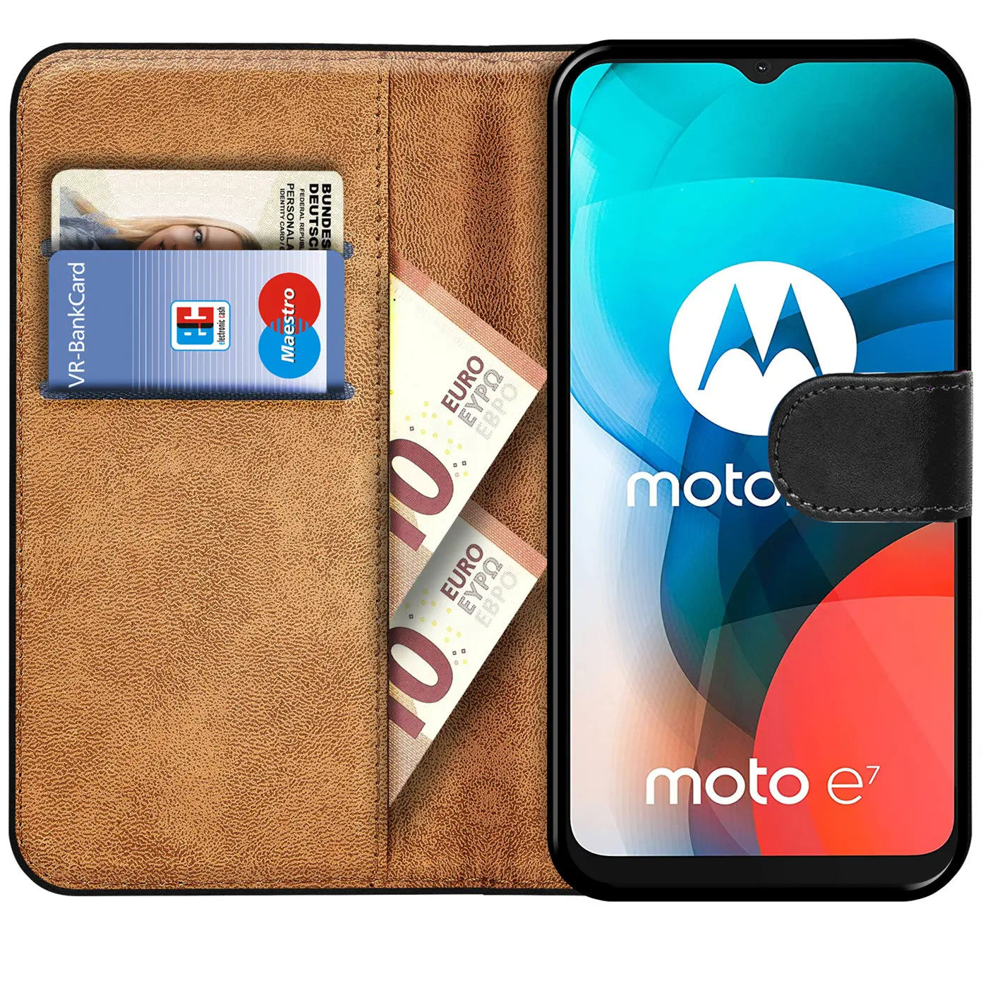 Braune Kunstleder-Klapphülle mit Kartenfächern und Geldscheinfach, zeigt Motorola Moto E7.