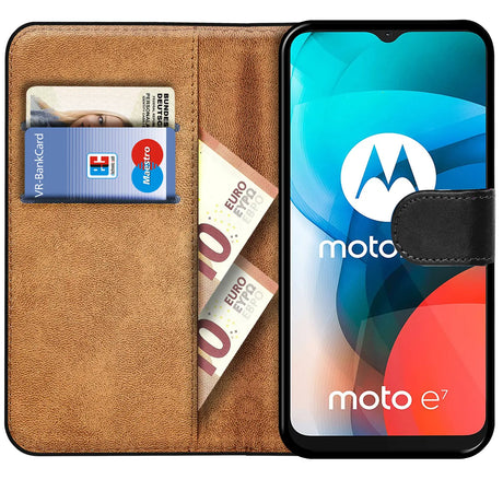 Motorola Moto E7 Klapphülle in Schwarz mit Kartenfächern und Schutz
