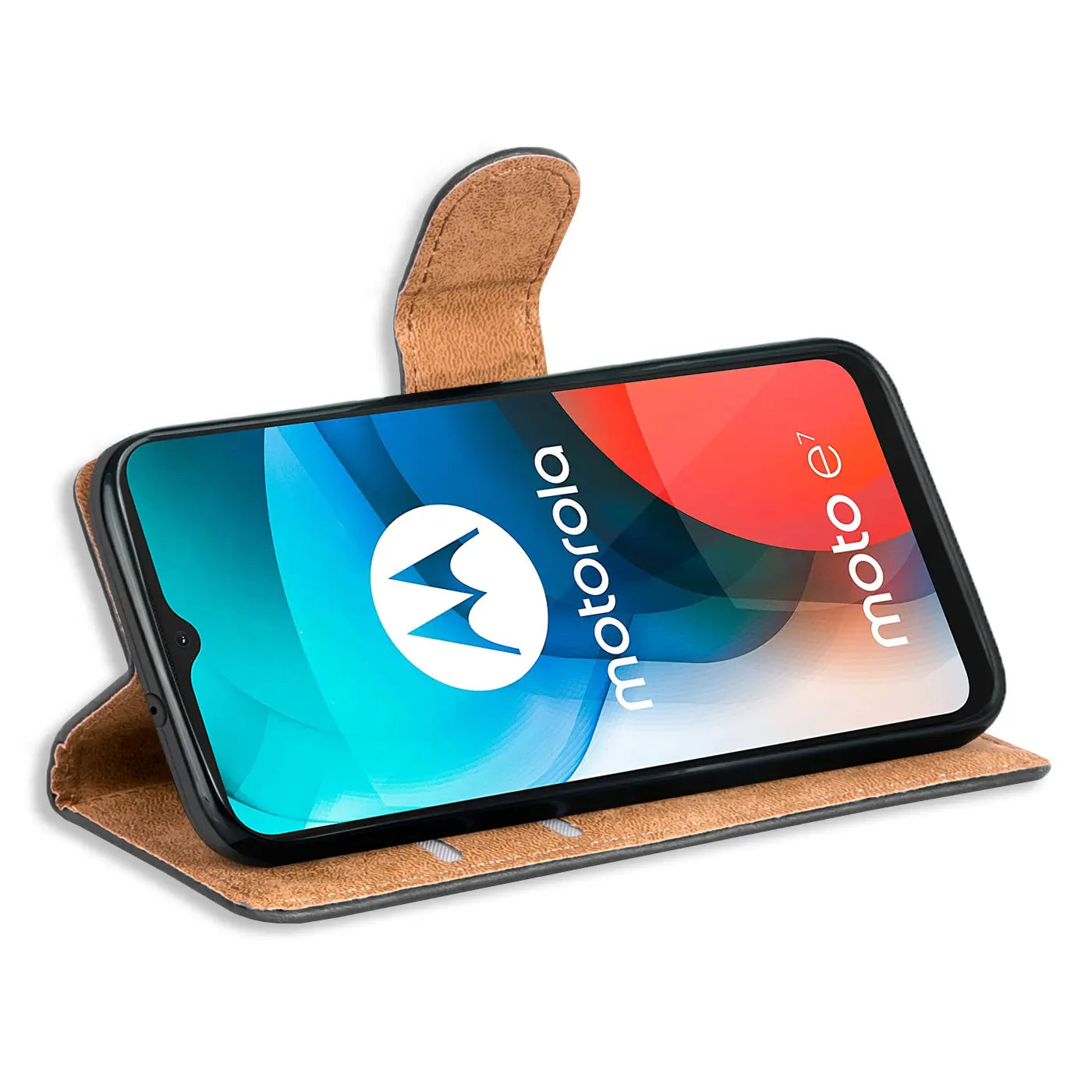 Braune Kunstleder-Klapphülle mit Kartenfächern, zeigt Motorola Moto E7 von vorne.