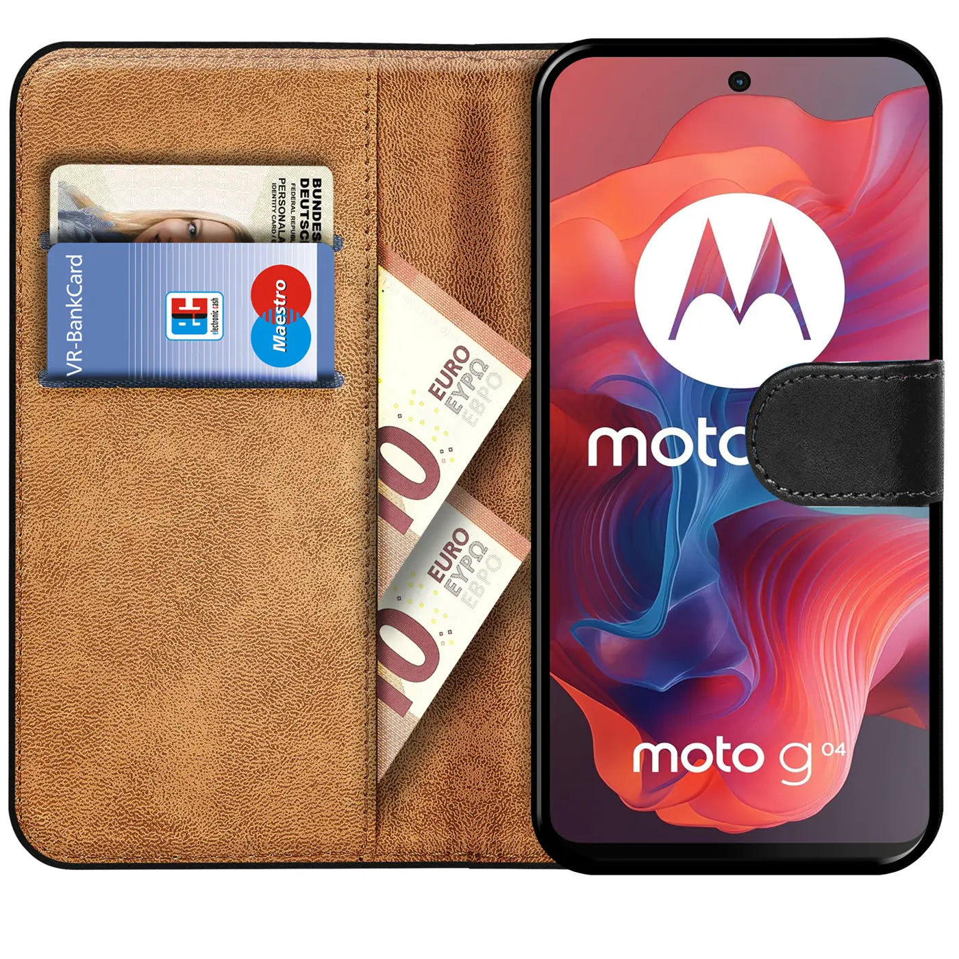 Braune Kunstleder-Klapphülle mit Kartenfächern für Motorola Moto G04/G24.