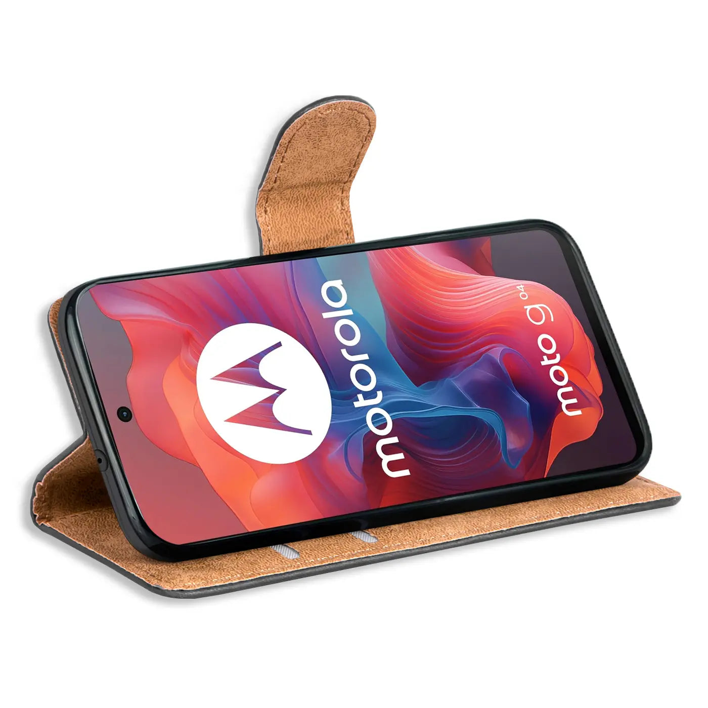 Braune Kunstleder-Klapphülle mit Kartenfächern, zeigt Motorola Moto G04/G24 von vorne.